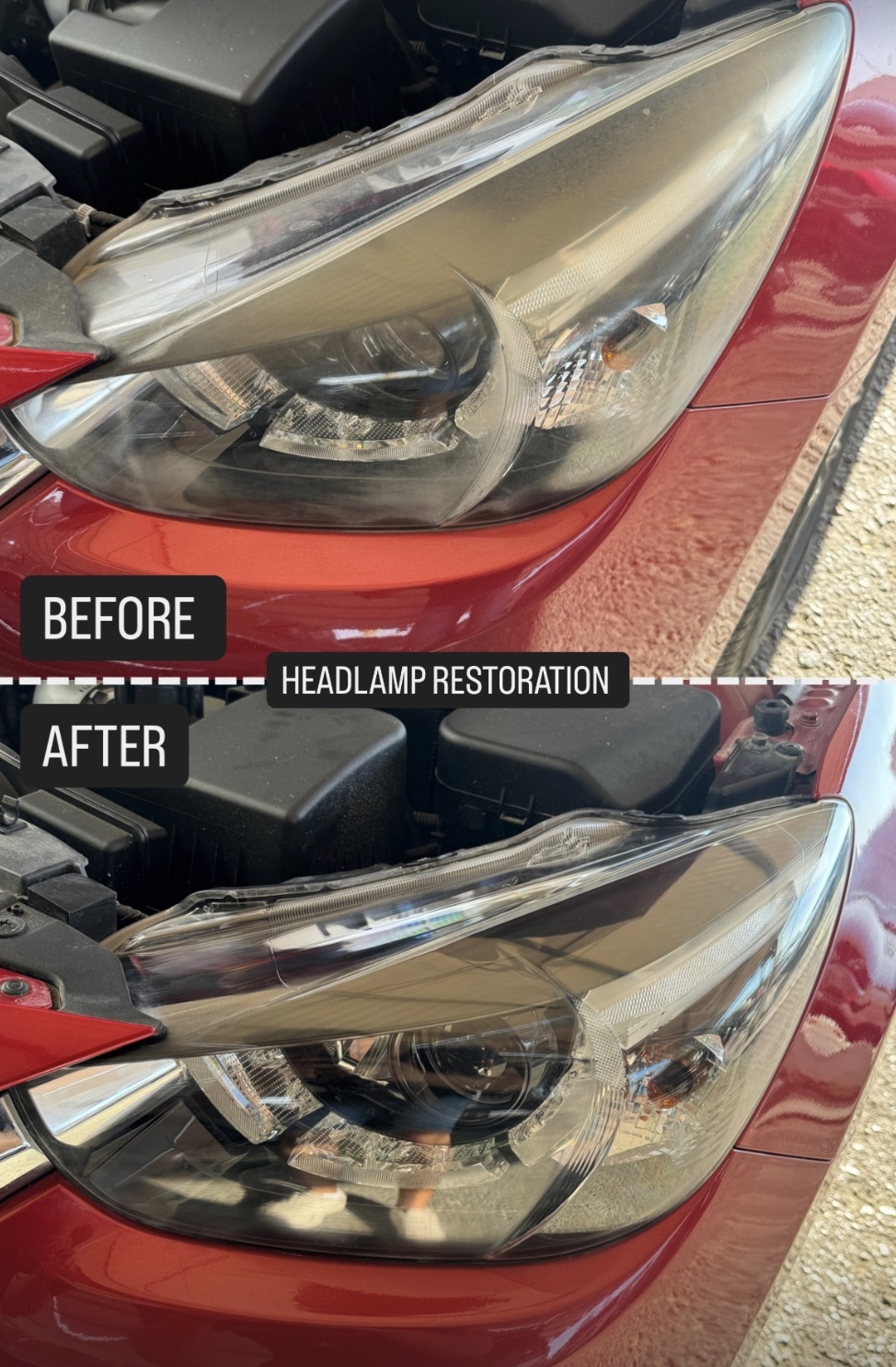 Headlamp restoration before and after on a red car