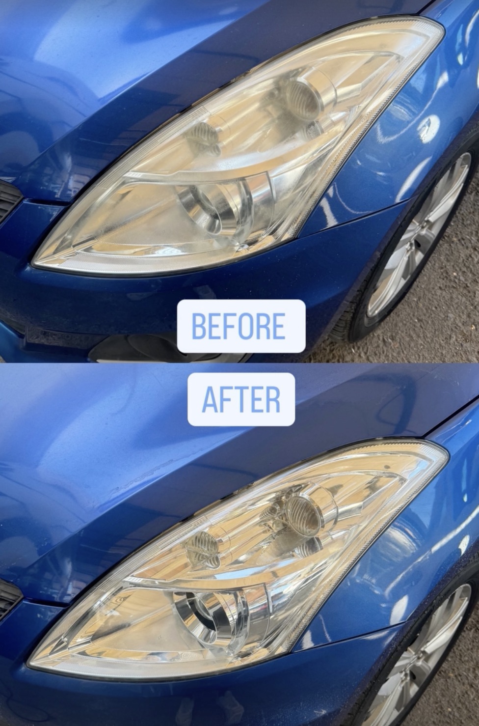 Headlamp restoration before and after on a blue car