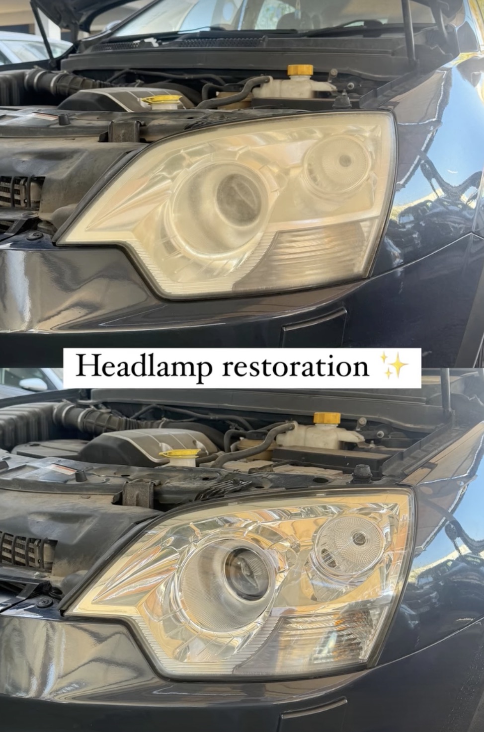 Headlamp restoration before and after on a black car