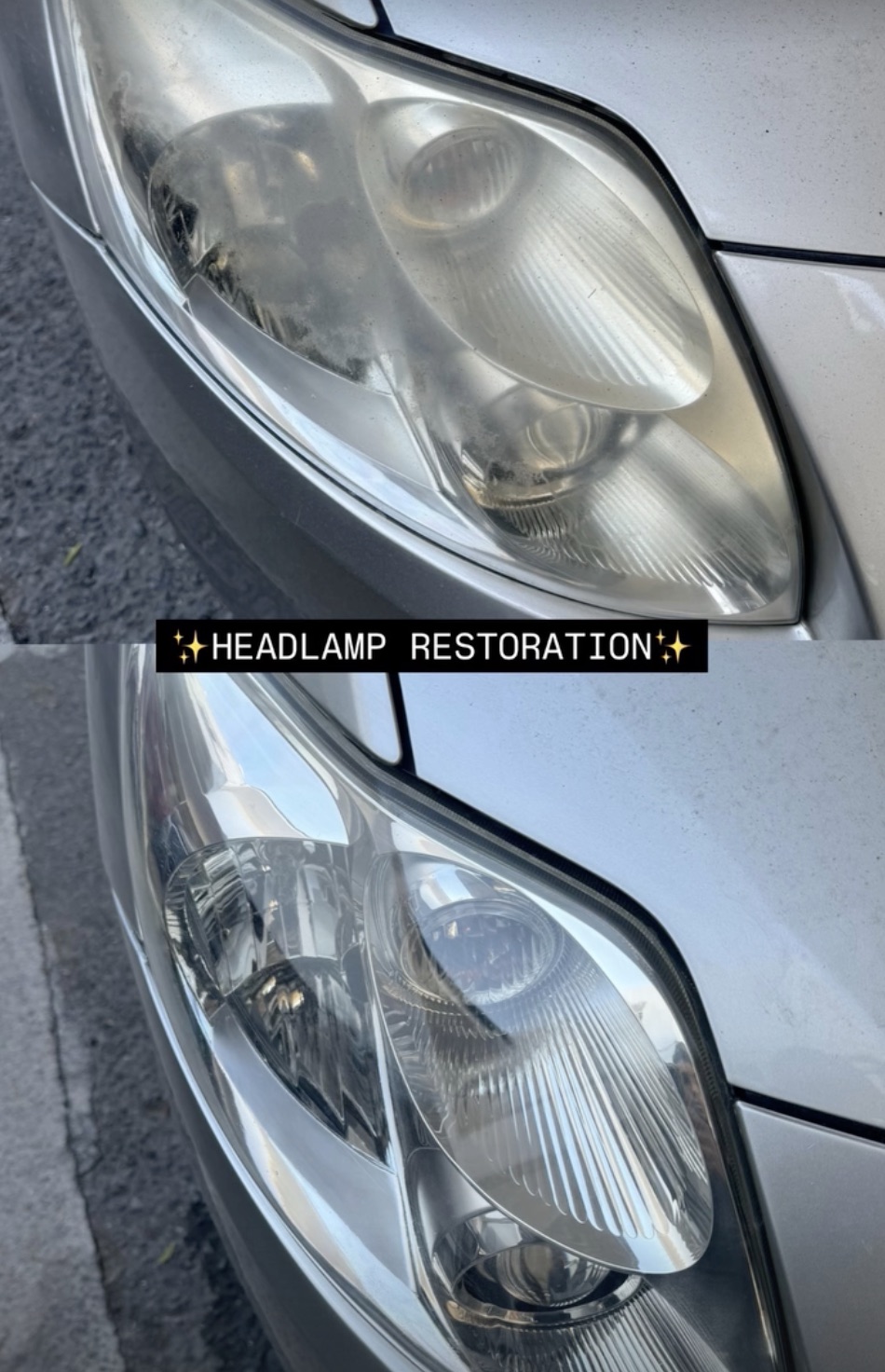 Headlamp restoration before and after — cloudy yellowed lens restored to crystal clear